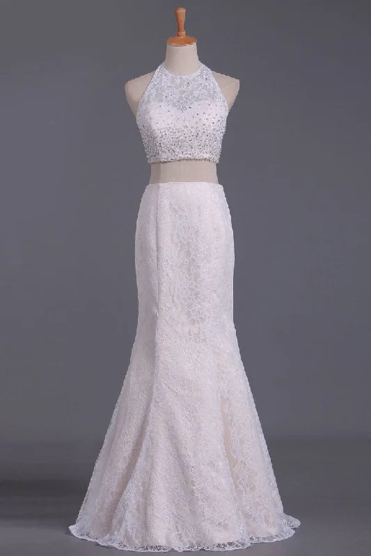 2024 Prom Dresses Halter Two Pieces Lace Mermaid Floor Length