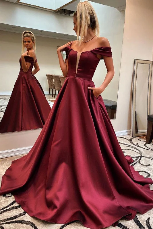 Elegant A-line Off-the-shoulder Satin Long Prom Dresses, Formal Gowns