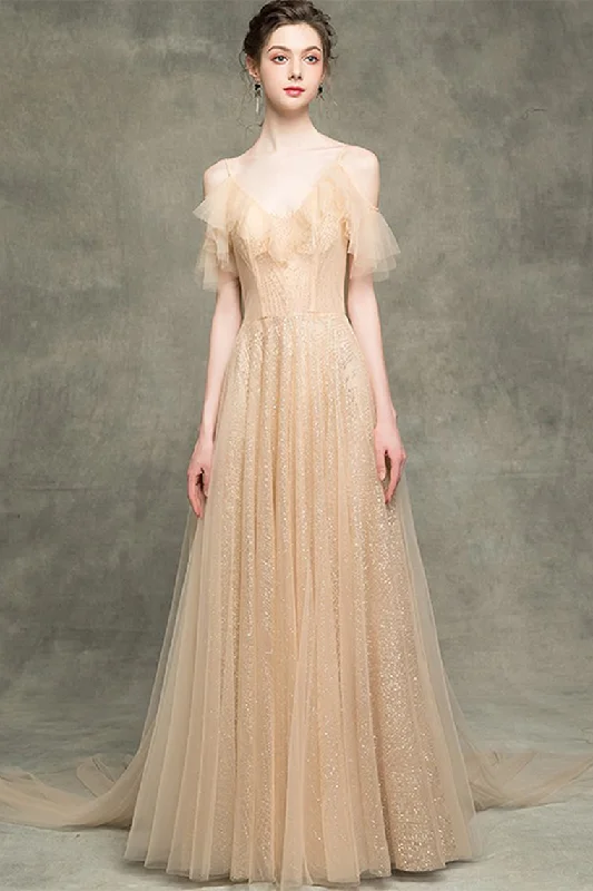 A-Line V-Neck Backless Champagne Long Prom Dress