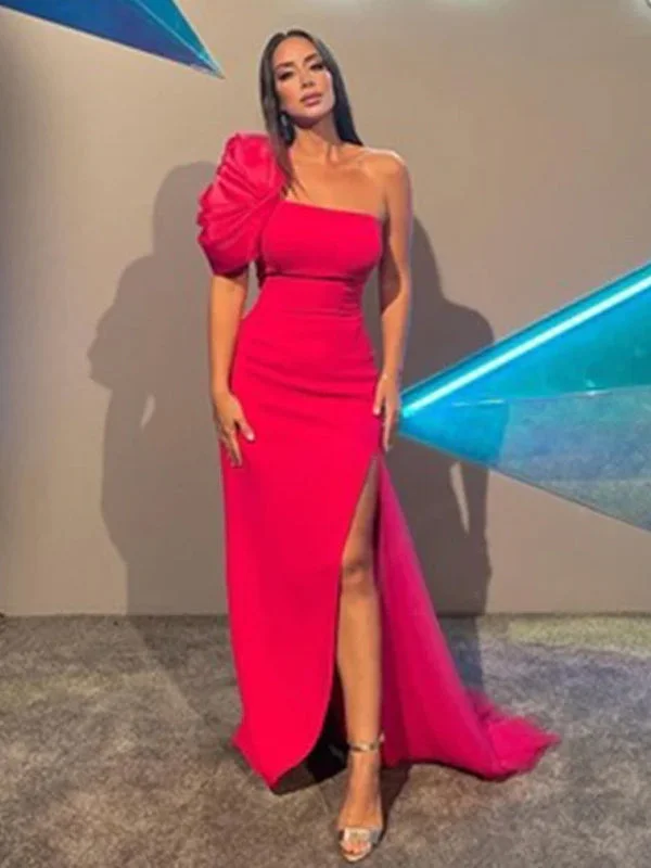 Fuchsia One-shoulder Sexy Ruffle Sleeve Side-slit Mermaid Long Prom Dress, PD3499