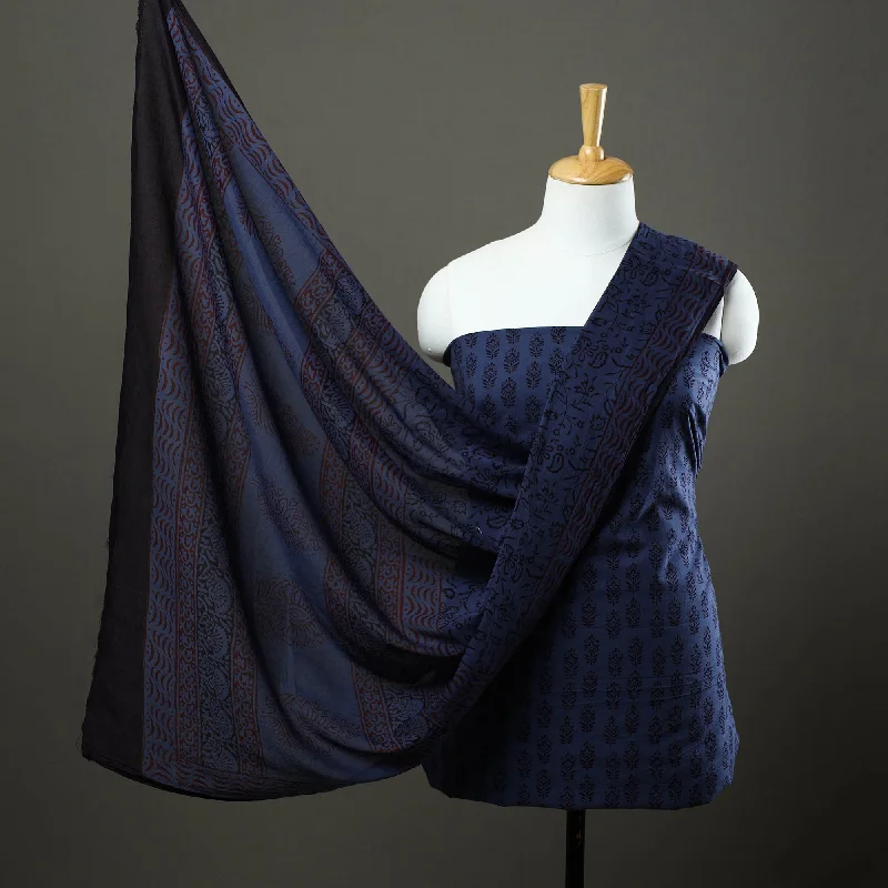 Blue - 3pc Natural Dyed Cotton Bagh Print Dress Material 13
