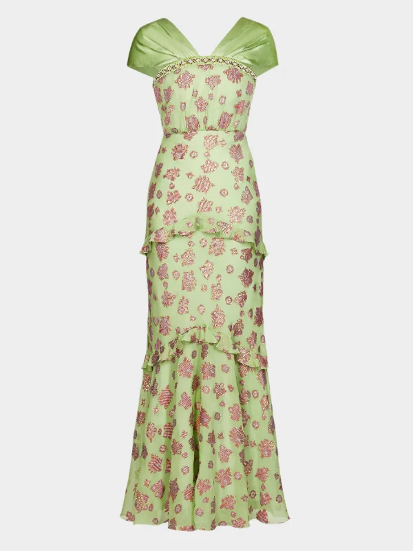 Amrita Dress in Metallic Jade Embroidery