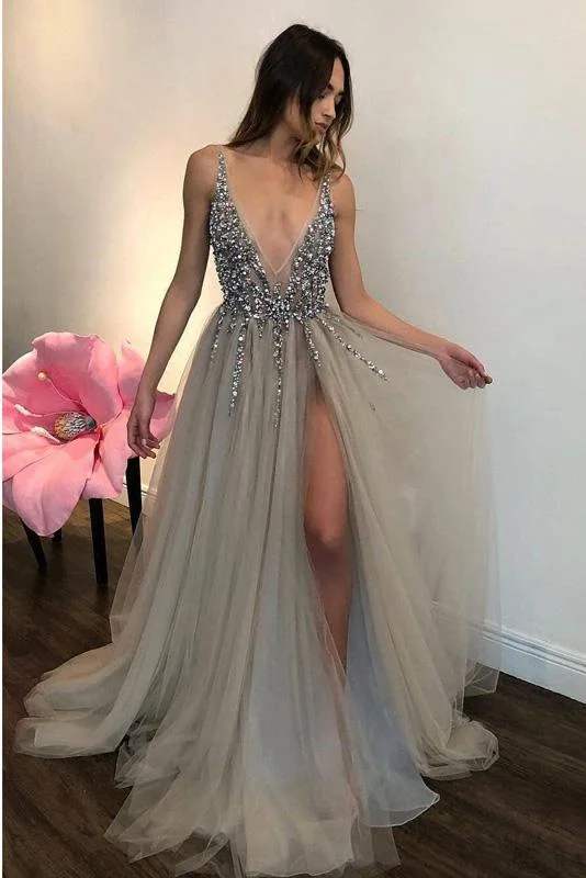 Elegant A Line Tulle Beads Deep V Neck Prom Dresses High Slit Ivory Evening Dresses