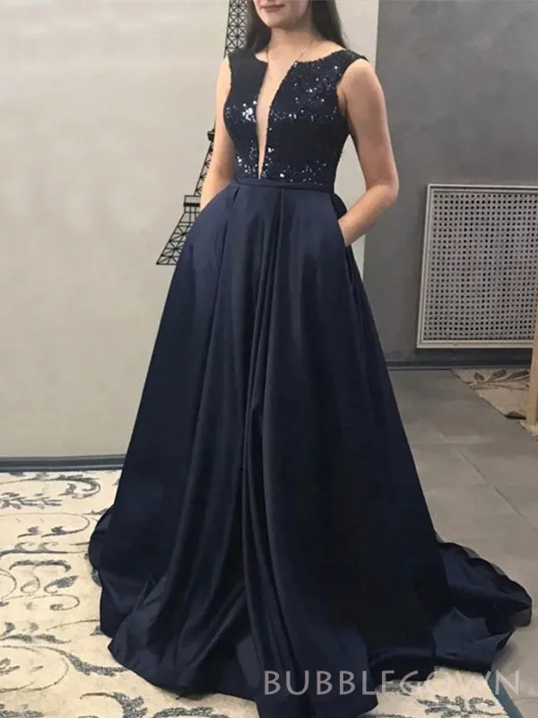 Navy Blue Satin Sequins A-line Long Evening Prom Dresses, Deep V-neck Prom Dress, BGS0306 Navy Blue Satin Sequins A-line Long Evening Prom Dresses, Deep V-neck Prom Dress, BGS0306