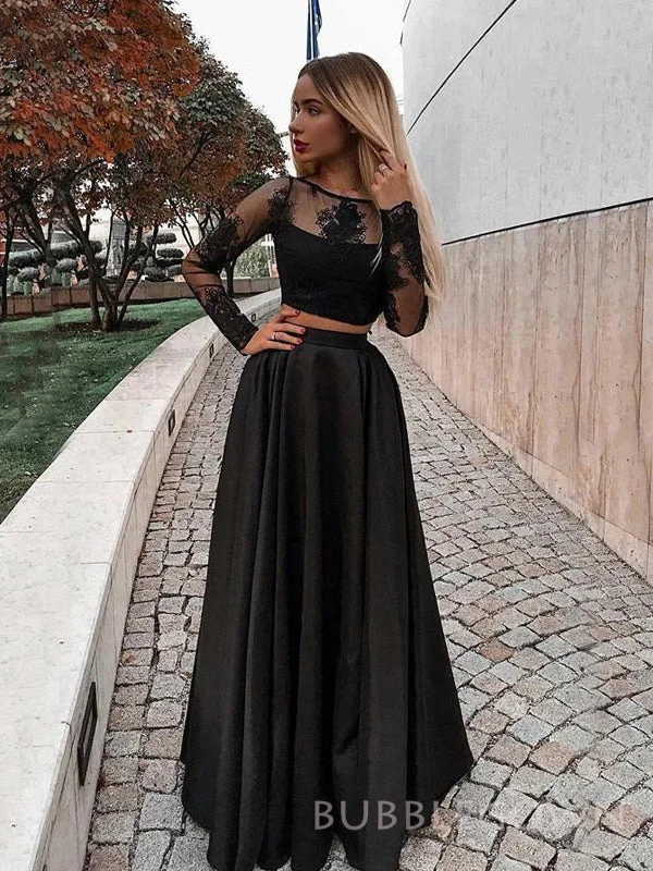 A-line Black Satin Long Sleeves Long Evening Prom Dresses, Custom Two Pieces Prom Dresses, BGS0266 A-line Black Satin Long Sleeves Long Evening Prom Dresses, Custom Two Pieces Prom Dresses, BGS0266