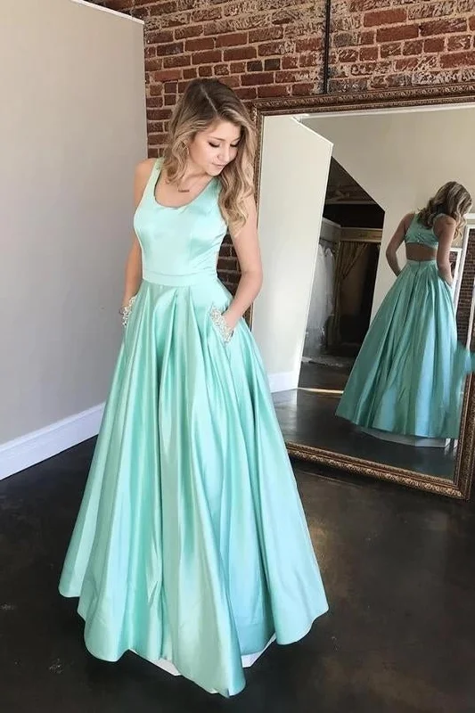 A-Line Cut Back Satin Beaded Mint Green Simple Pockets Long Prom Dresses