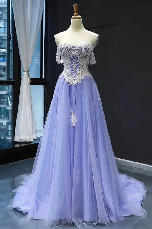 Fashion Light Lavender Tulle White Lace Prom Dresses Formal A Line Evening Dress Party Gowns