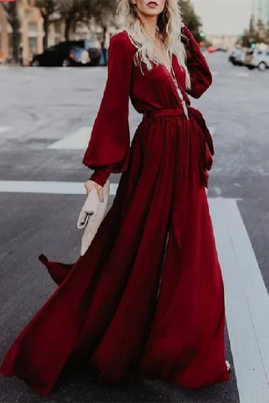 Elegant A-line V-neck Slit Long Sleeves Prom Dresses