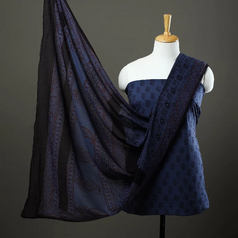 Blue - 3pc Natural Dyed Cotton Bagh Print Dress Material 09