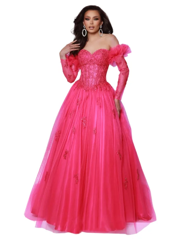 Johnathan Kayne 3019 Size 6 Hot Pink Sheer Corset Prom Dress Lace Sleeves pleated Ballgown Strapless Johnathan Kayne 3019 Size 6 Hot Pink Sheer Corset Prom Dress Lace Sleeves pleated Ballgown Strapless