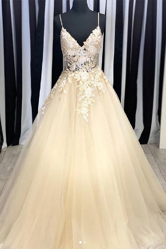 Pretty A-line Sleeveles V-neck  Champagne  Appliques Tulle Prom Dresses
