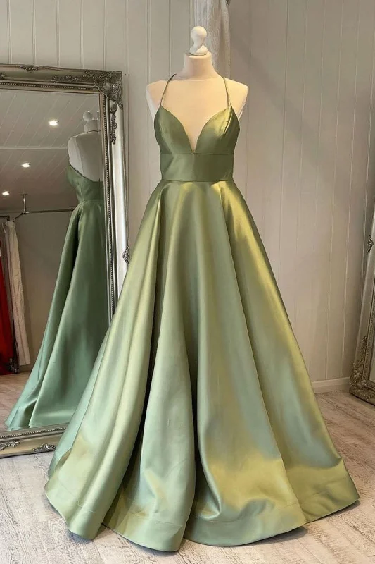 Simple A Line Spaghetti Green Straps Satin Long Prom Dresses