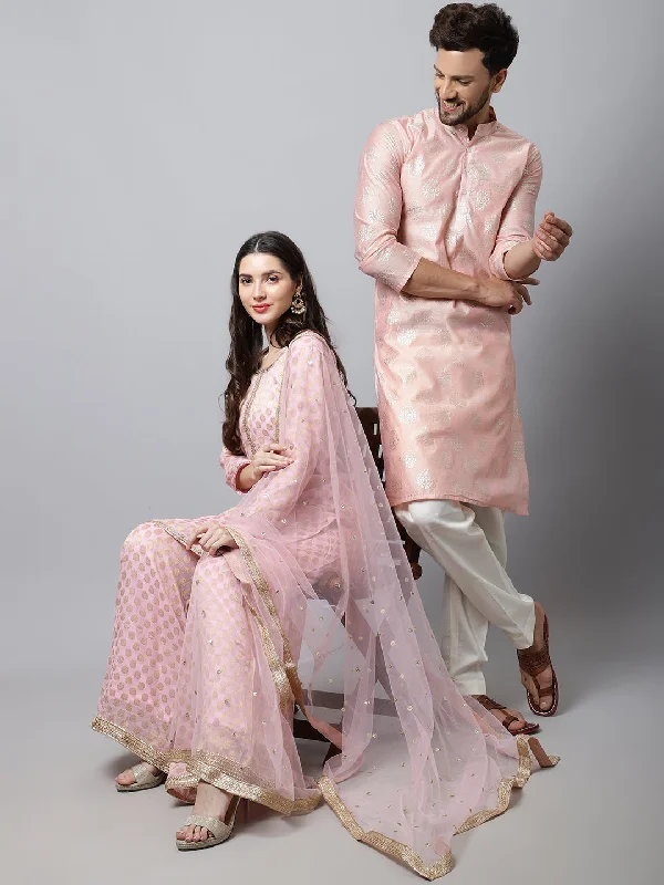 Baby Pink Straight Banarasi Kurti with Flared Palazzo and Dupatta with Pink Foil Chanderi Men Kurta Pajama Couple Matching Dress