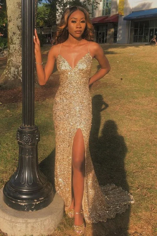 Gold Mermaid Sequin Sheath Spaghetti Straps Long Prom Dress With Side Slit