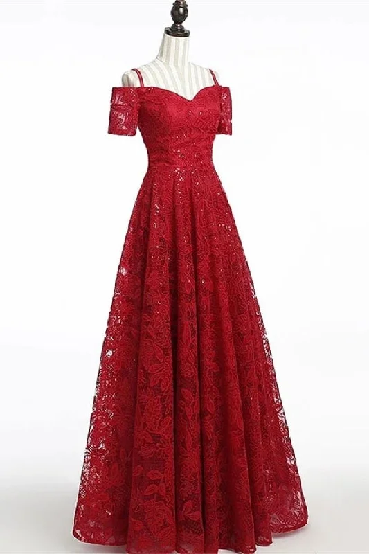 Chic Short Sleeves Burgundy Lace Straps Long Prom Dresses Formal Evening Dress Party Gowns