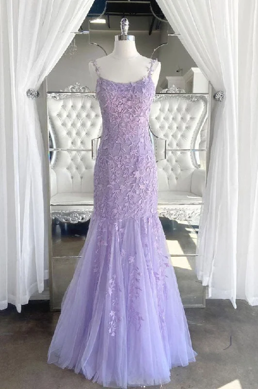 Long Lace Tulle Evening Dresses Lilac Spaghetti Straps Mermaid Appliques Prom Dresses Long Lace Tulle Evening Dresses Lilac Spaghetti Straps Mermaid Appliques Prom Dresses
