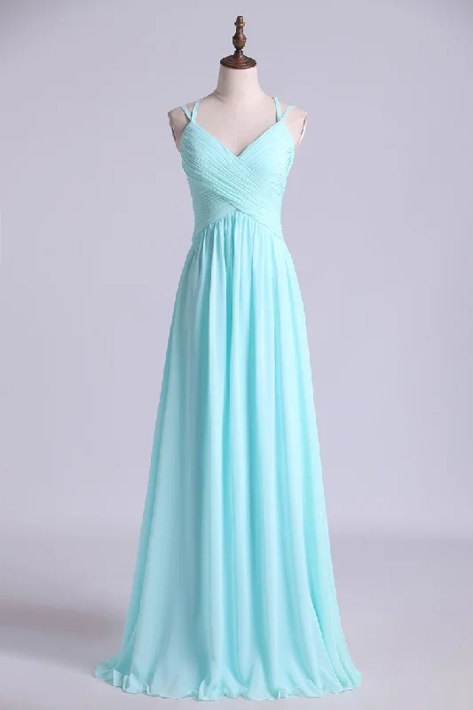 2024 Prom Dress Spaghetti Straps Chiffon A Line Ruffled Bodice With Criss Crossed Back