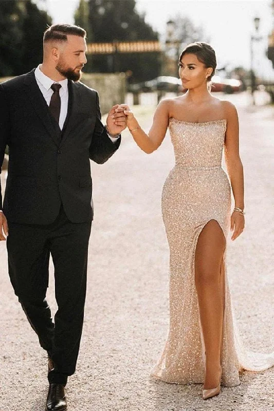 Long Mermaid Evening Dress Strapsless Sequins Floor Length Split-Side Prom Dress