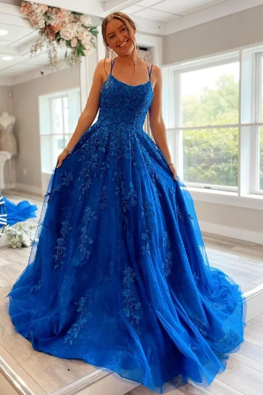 A Line Lace Princess Long Formal Dress Appliques Royal Blue  Tulle Prom Dresses