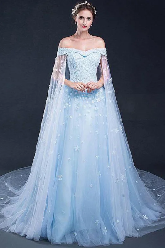 2024 Light Sky Blue Prom Dresses Sweep/Brush Train Tulle Prom PB5PPFF9