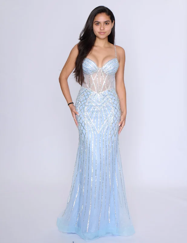 Nina Canacci 4428 Size 2 Blue Silver Sheer Fitted Crystal Prom Dress Formal Evening Gown Corset V Neck