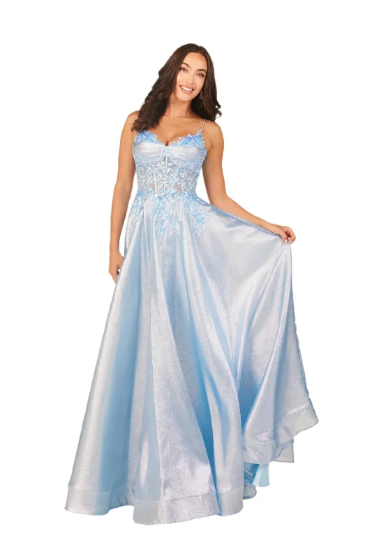 Abby Paris 90290 Size 18 Blue Sheer Sequin Lace Corset Prom Dress Metallic A Line Formal Gown