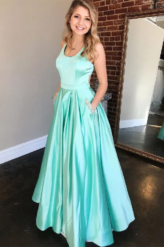 Shiny A-line Floor-length Mint Green Long Prom Dresses  With Pockets