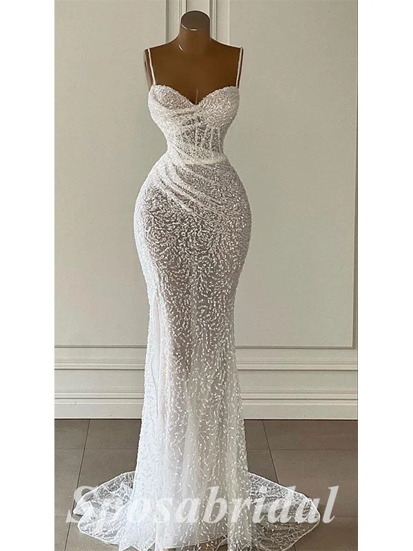 Sexy White Tulle Sequin Lace Spaghetti Straps V-Neck Sleeveless Mermaid Long Prom Dresses,PD3697 Sexy White Tulle Sequin Lace Spaghetti Straps V-Neck Sleeveless Mermaid Long Prom Dresses,PD3697