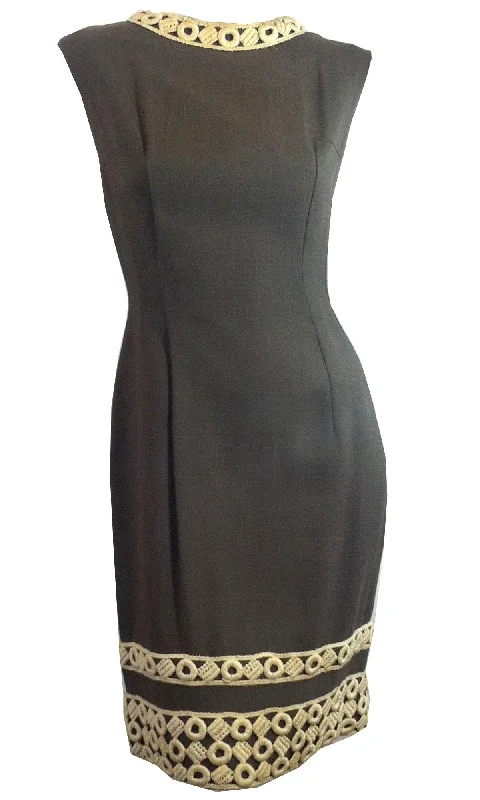 Pebble Grey Sleeveless Sheath Dress with Ivory Embroidery circa 1960s