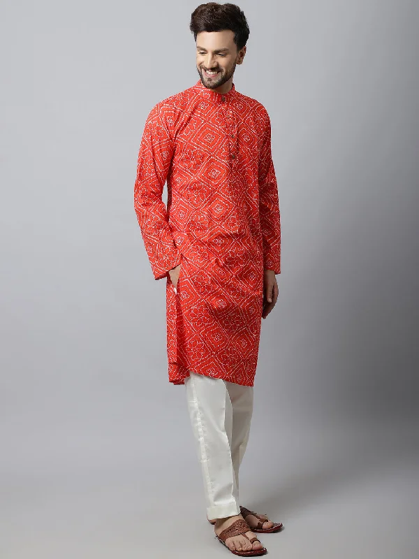 Red Bandhani Men Kurta Pajama Couple Matching Dress