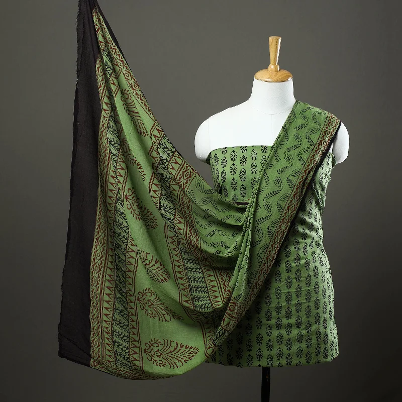 Green - 3pc Natural Dyed Cotton Bagh Print Dress Material 16