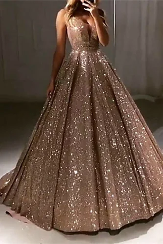Shiny A-line Deep V-neck Sequins Prom Dresses, Evening Gowns