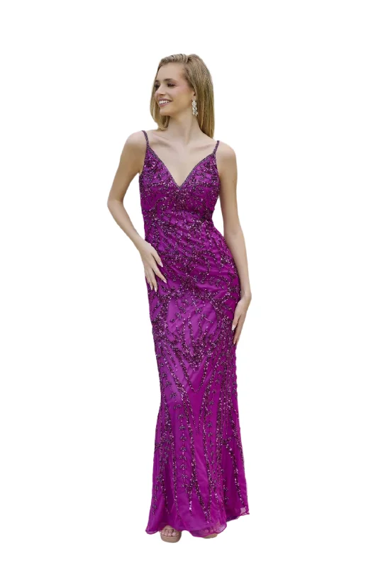 Primavera Couture 3793 Size 16 Grape Sequin Prom Dress Long V Neckline Fitted Sweeping Train