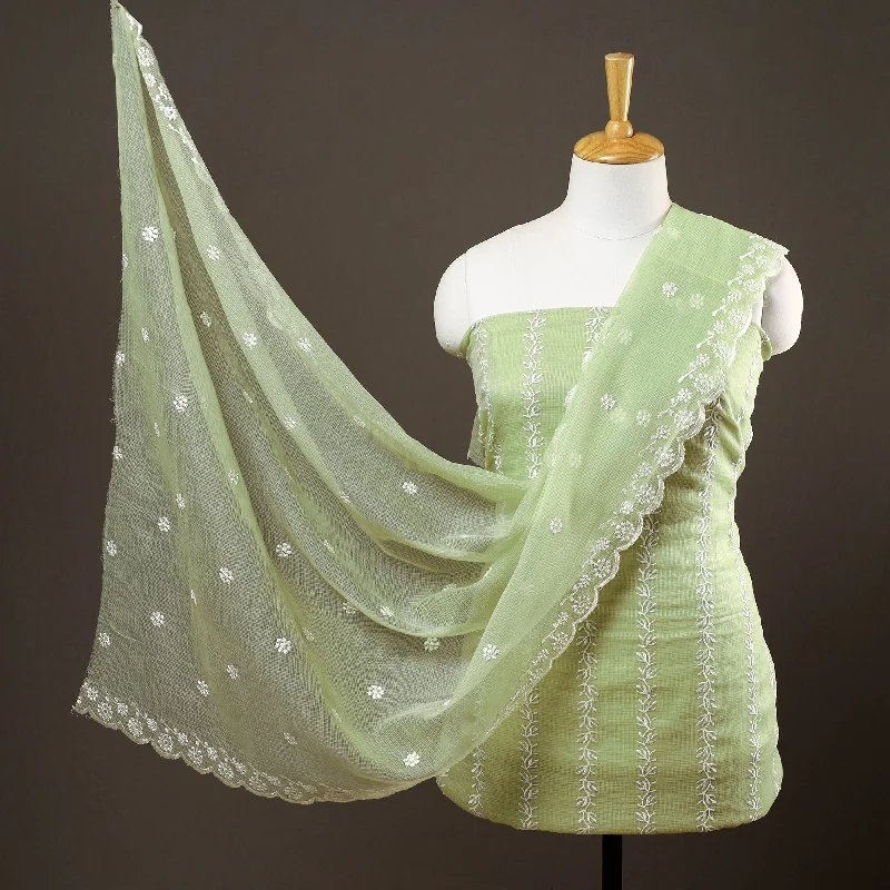 Green - 3pc Cotton Embroidered Kota Doria Dress Material 07