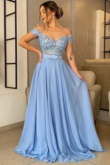 Off the Shoulder Sress A Line Chiffon Blue Appliques Evening Long Prom Dress