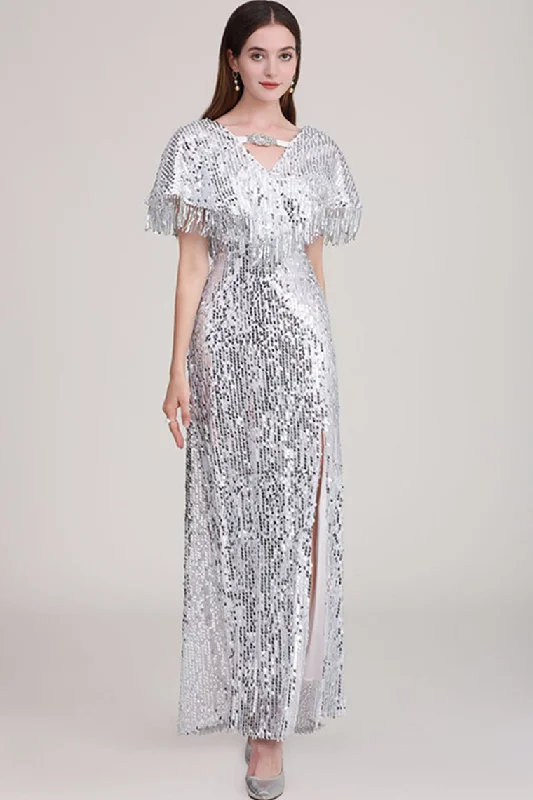 Long Silver V-Neck Tassel Sequins Prom Dress with Split