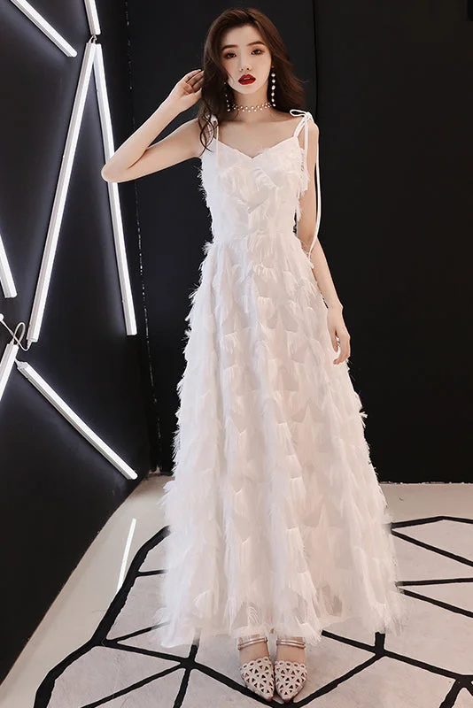 White Long A-Line Spaghetti Straps V-Neck Homecoming Dresses With Tassels
