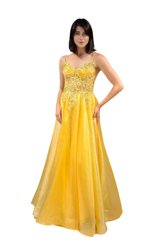 Abby Paris 90290 Size 8 Yellow Sheer Sequin Lace Corset Prom Dress Metallic A Line Formal Gown Abby Paris 90290 Size 8 Yellow Sheer Sequin Lace Corset Prom Dress Metallic A Line Formal Gown