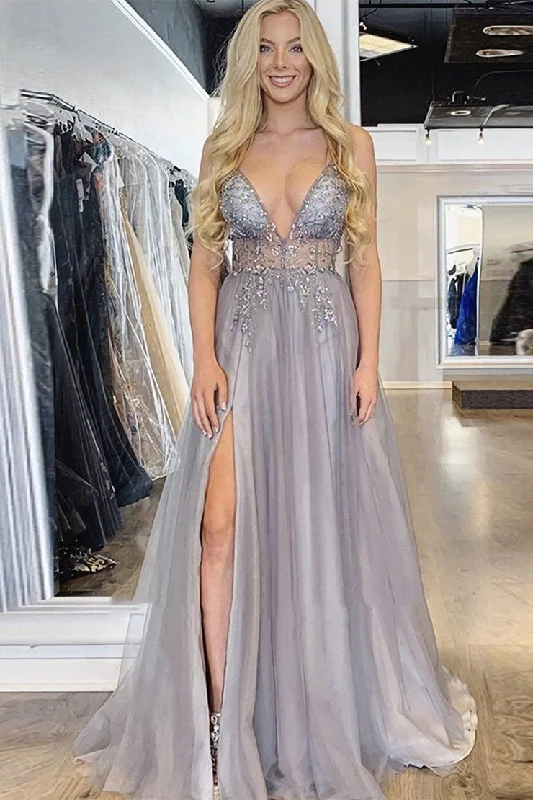 Fashion A-line Sleeveless Beading Prom Dress With High Slit