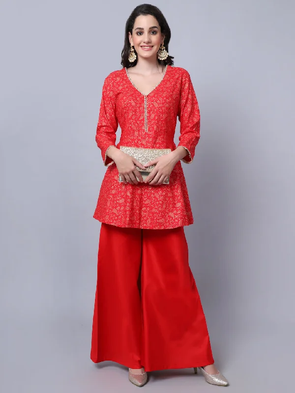 Rose Red Printed Short Kurti with Flared Palazzo Couple Matching Dress