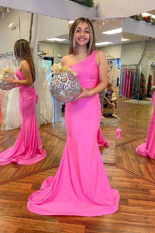 Graduation Evening Dresses Two Pieces One Shoulder Hot Pink Formal Long Prom Dresses Graduation Evening Dresses Two Pieces One Shoulder Hot Pink Formal Long Prom Dresses