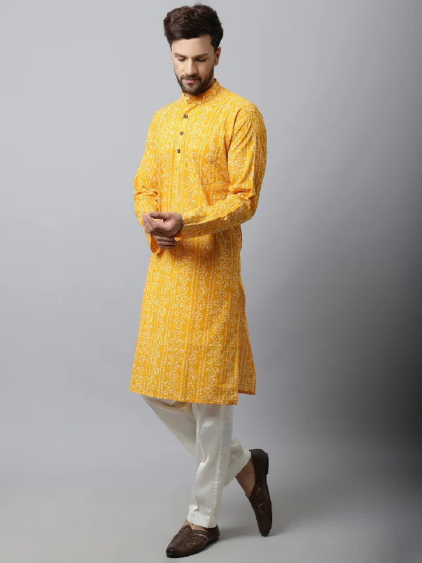 Yellow Bandhani Men Kurta Pajama Couple Matching Dress