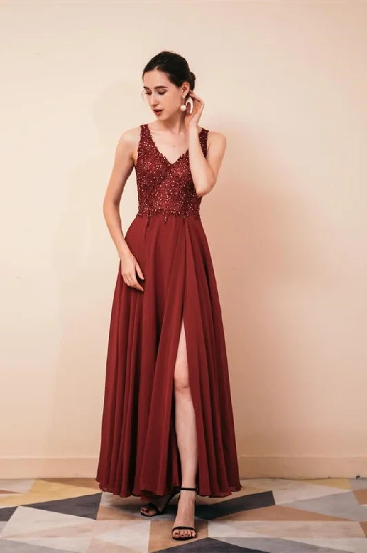 Sexy A-line V-Neck Sleeveless Beading Split Long Prom Dresses