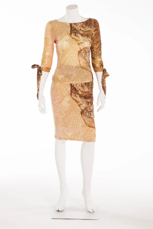 Roberto Cavalli - 2PC 3/4 Sleeve Cream and Brown Print Top & Skirt - S lightweight skirt design Roberto Cavalli - 2PC 3/4 Sleeve Cream and Brown Print Top & Skirt - S lightweight skirt design
