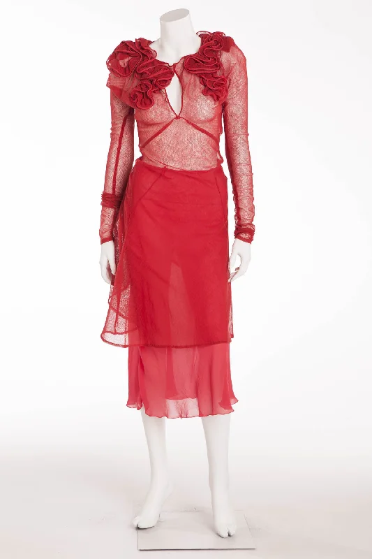 Sonia Rykiel - 2PC Red Sheer Top with Roses and Skirt - cotton skirt soft
