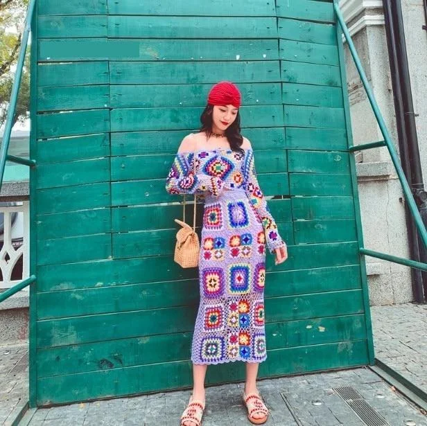 Women's Knitted Vintage Long Mid-calf Skirt and Long Sleeve Off Shoulder Tops wool skirt sturdy