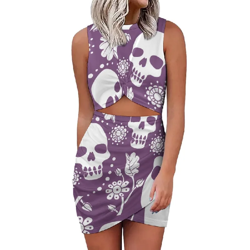 Women's Purple White Skulls Navel-Baring Cross-Fit Skirt leather skirt durable