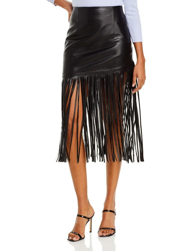 Womens Vegan Leather Fringe Midi Skirt casual skirt length