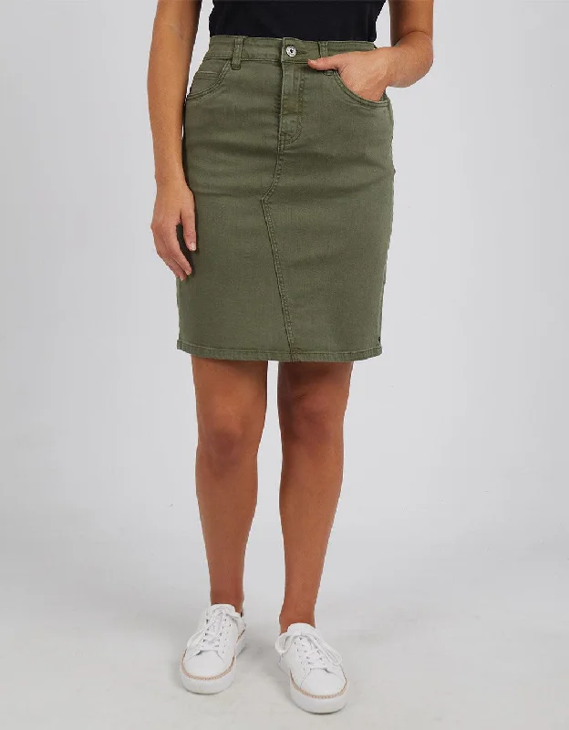 Belle Denim Skirt - Washed Khaki zip skirt side