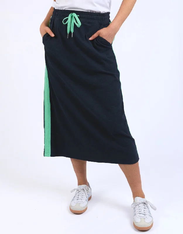 Brunch Skirt - Side Tape - Navy/Neon Green satin skirt smooth